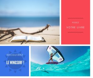 Livre sur le sable et femme glisse sur l'eau en wingfoil